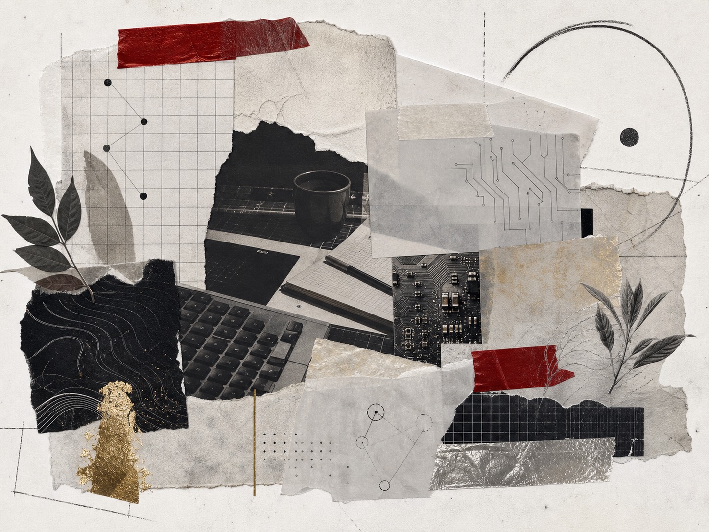 Layered collage of a workstation, circuit fragments, paper textures, red tape, and gold foil.