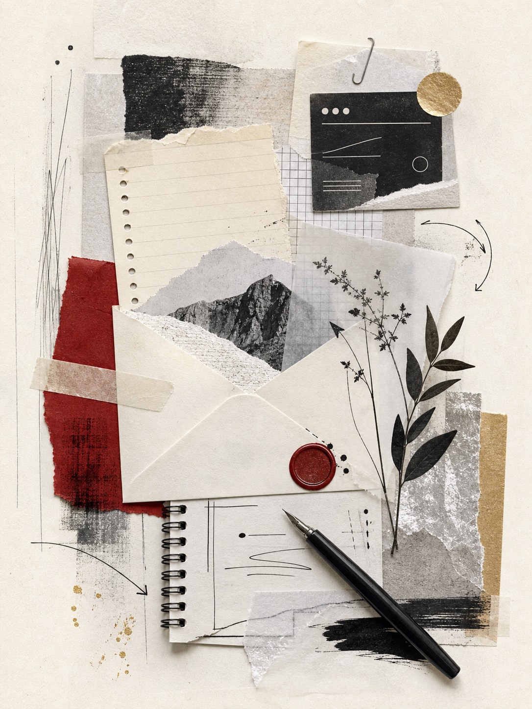 Editorial collage with envelope, notebook pages, ink lines, botanical cutouts, red wax, and gold accents.