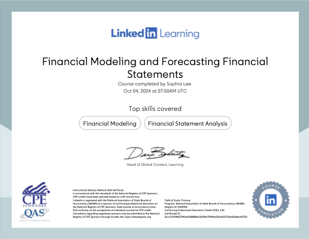 Financial modeling certificate.
