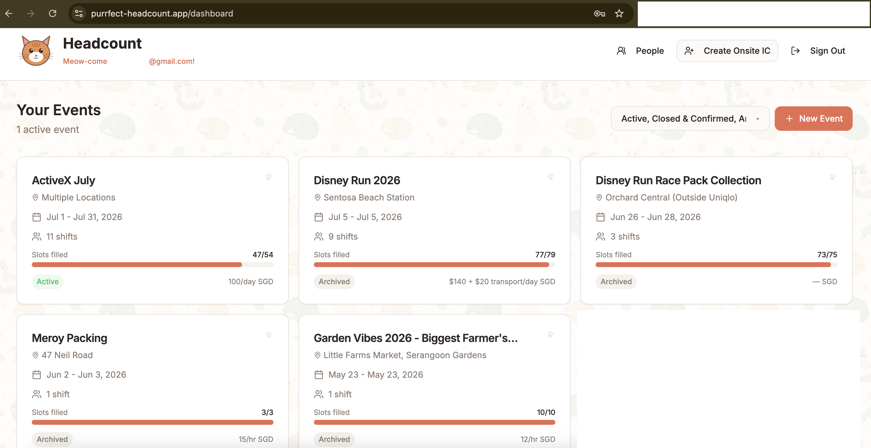 Purrfect Headcount scheduling app preview.